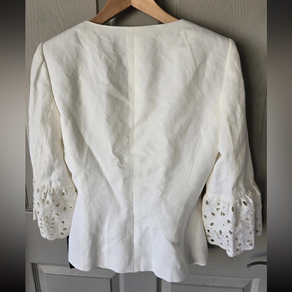$240 Nipon Boutique Linen Blend Blazer Jacket Women 6 Lace Flare Sleeve Eyelet - Picture 14 of 14
